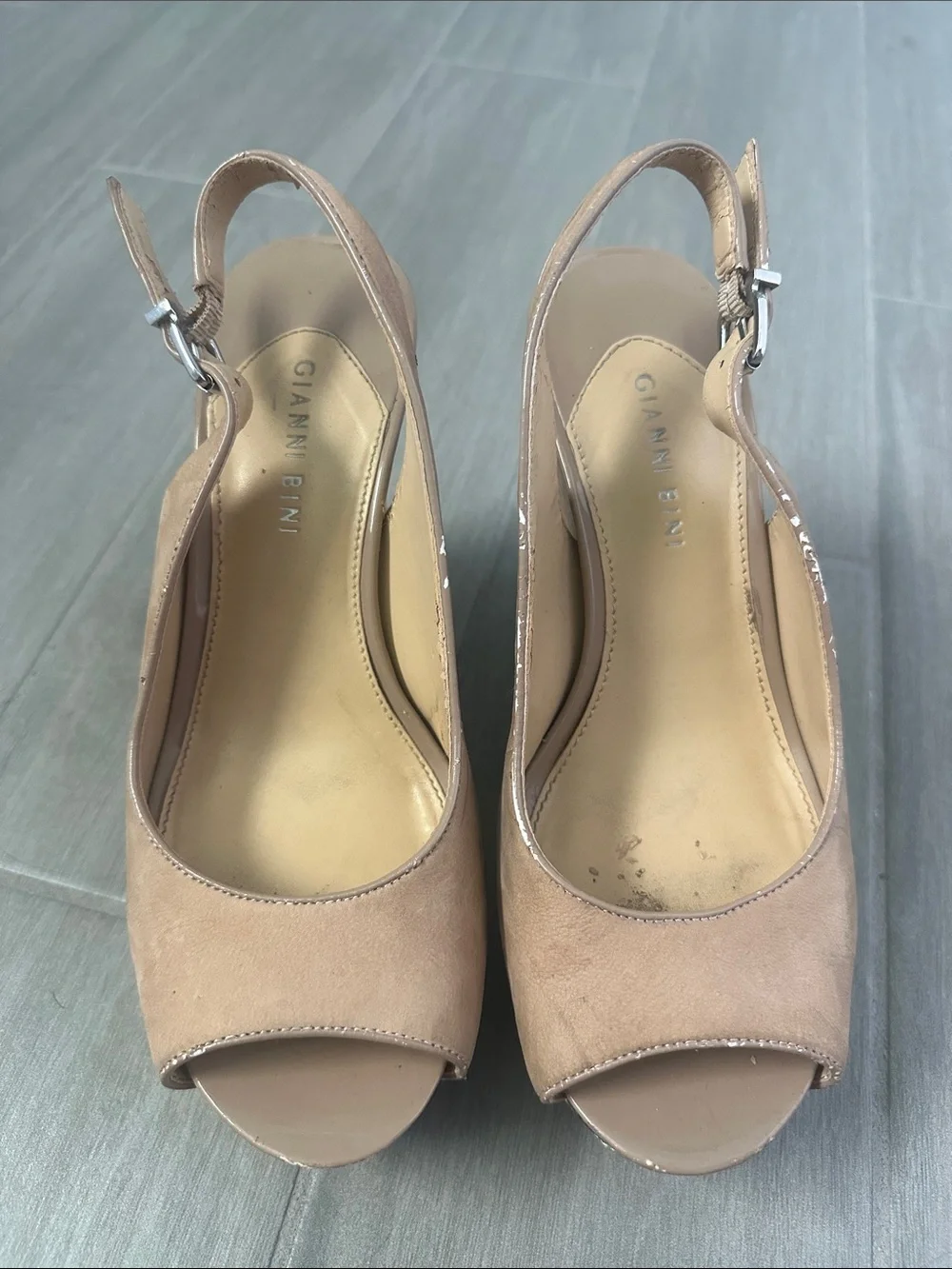 Gianni Bini Beige Suede Cork Wedge Slingback Peep-Toe Sandals